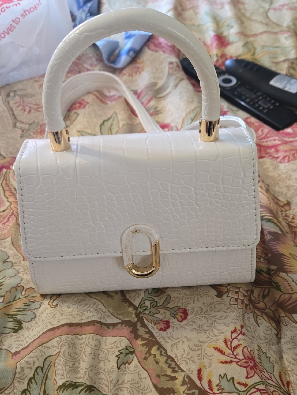White Croc-Embossed Top Handle Crossbody Bag with Gold Hardware
